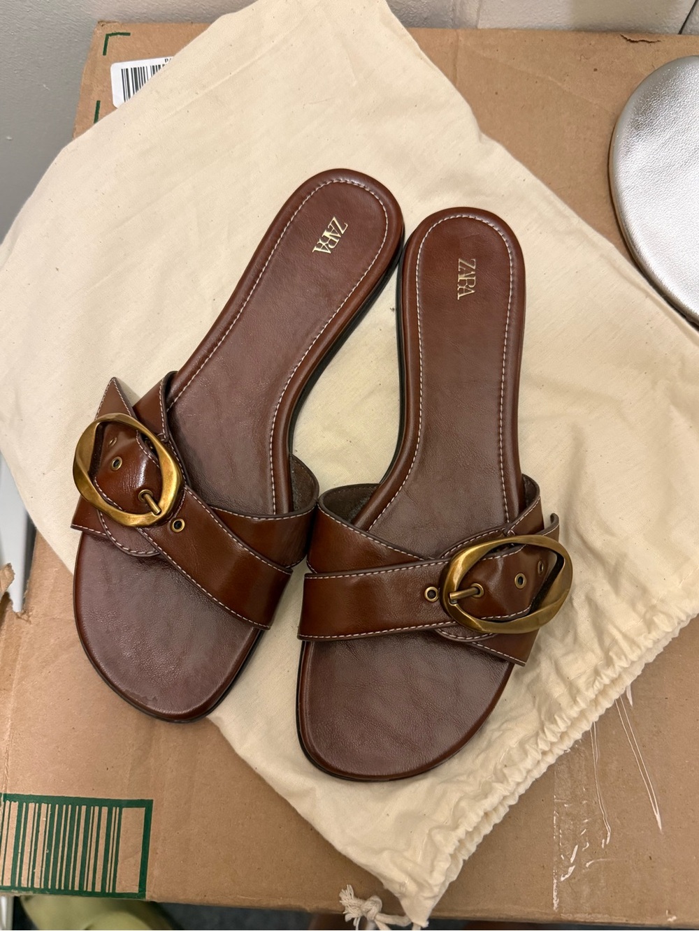 ZARA Brown Leather Buckle Flat Sandals Women